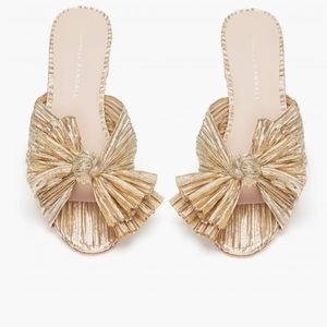 Loeffler Randall Gold Emilia Pleated Bow Knot Mules. Size 5.
